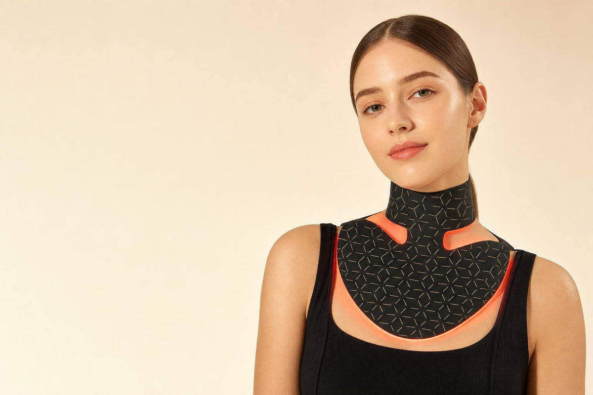 Woman wearing the LED light therapy mask on her neck
